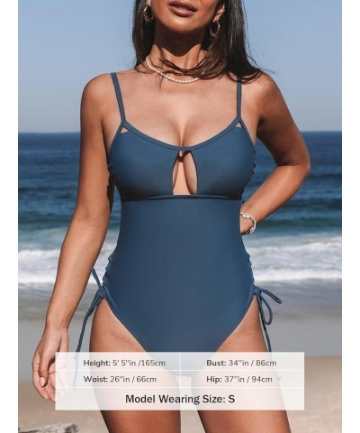 Women's One Piece Swimsuits Bathing Suits Scoop Neck Cutout Back Hook Drawstring Steel Blue $22.25 Swimsuits