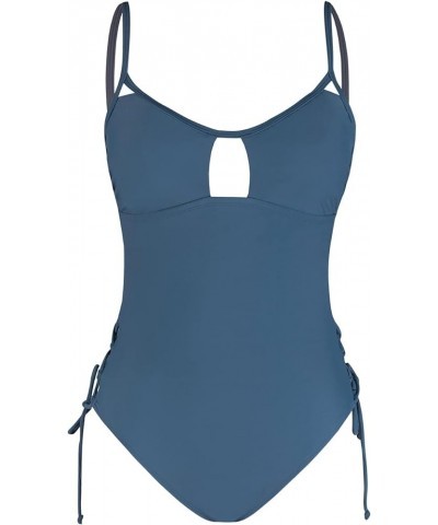 Women's One Piece Swimsuits Bathing Suits Scoop Neck Cutout Back Hook Drawstring Steel Blue $22.25 Swimsuits