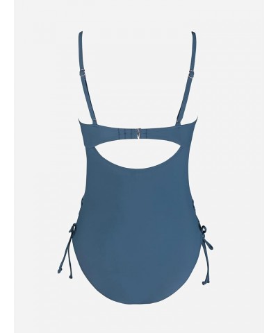 Women's One Piece Swimsuits Bathing Suits Scoop Neck Cutout Back Hook Drawstring Steel Blue $22.25 Swimsuits