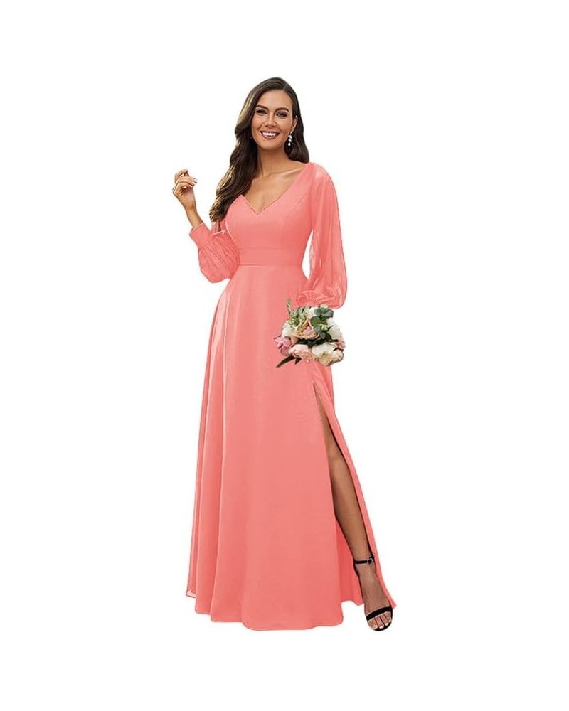 Long Sleeve Bridesmaid Dresses for Wedding Women's V Neck Chiffon Formal Evening Dress with Slit Coral $27.30 Dresses