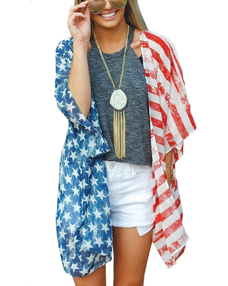 4th of July Women's American Flag Print Kimono Cover Up Tops Shirt Patriotic Cardigan (one Size, Picture Color) $11.43 Swimsuits