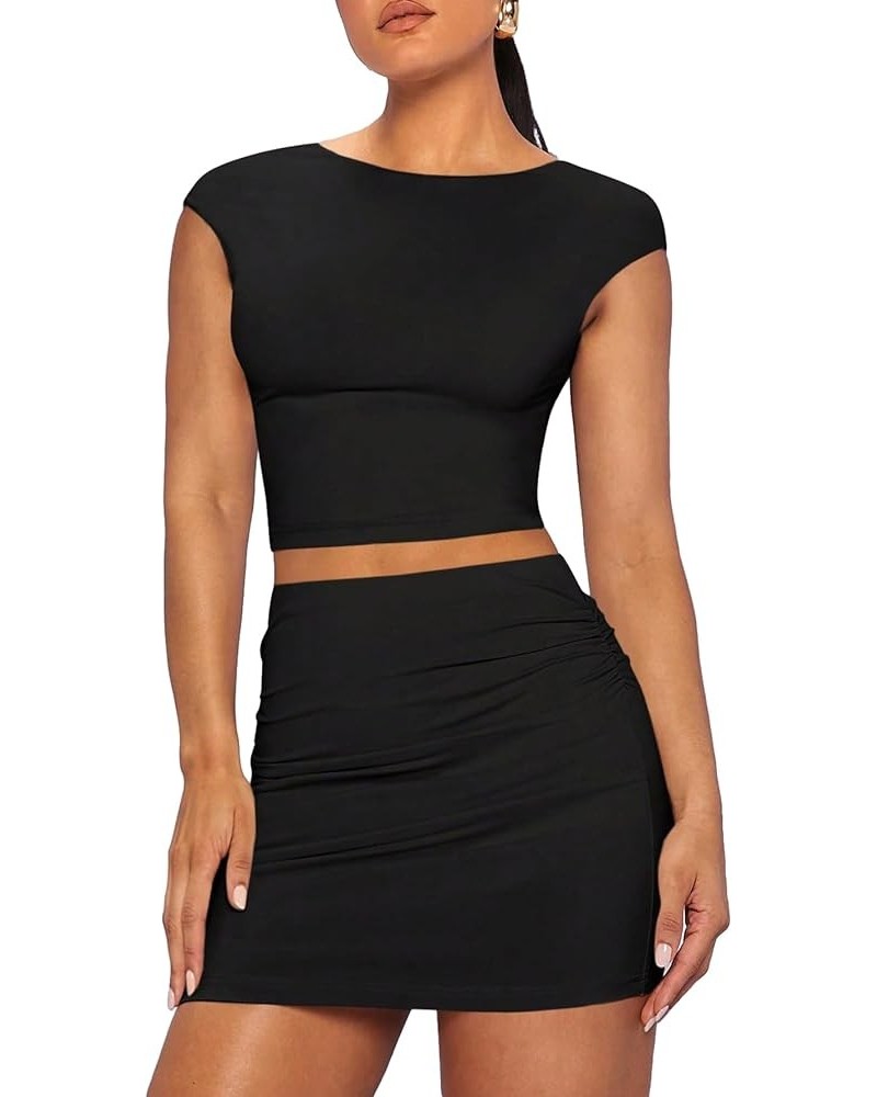 Women's 2 Piece Outfits Backless Cap Sleeve Crop Tee and Ruched Mini Bodycon Skirts Black $13.76 Suits