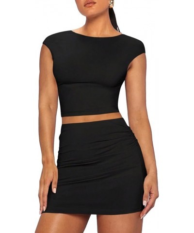 Women's 2 Piece Outfits Backless Cap Sleeve Crop Tee and Ruched Mini Bodycon Skirts Black $13.76 Suits