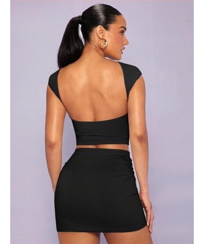 Women's 2 Piece Outfits Backless Cap Sleeve Crop Tee and Ruched Mini Bodycon Skirts Black $13.76 Suits