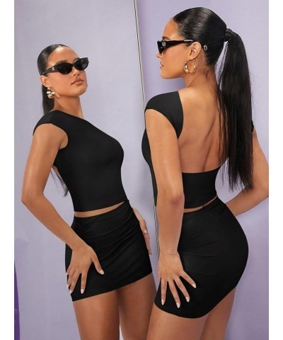 Women's 2 Piece Outfits Backless Cap Sleeve Crop Tee and Ruched Mini Bodycon Skirts Black $13.76 Suits