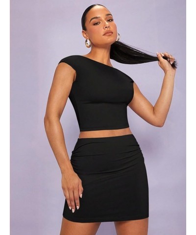 Women's 2 Piece Outfits Backless Cap Sleeve Crop Tee and Ruched Mini Bodycon Skirts Black $13.76 Suits