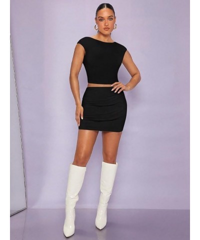 Women's 2 Piece Outfits Backless Cap Sleeve Crop Tee and Ruched Mini Bodycon Skirts Black $13.76 Suits