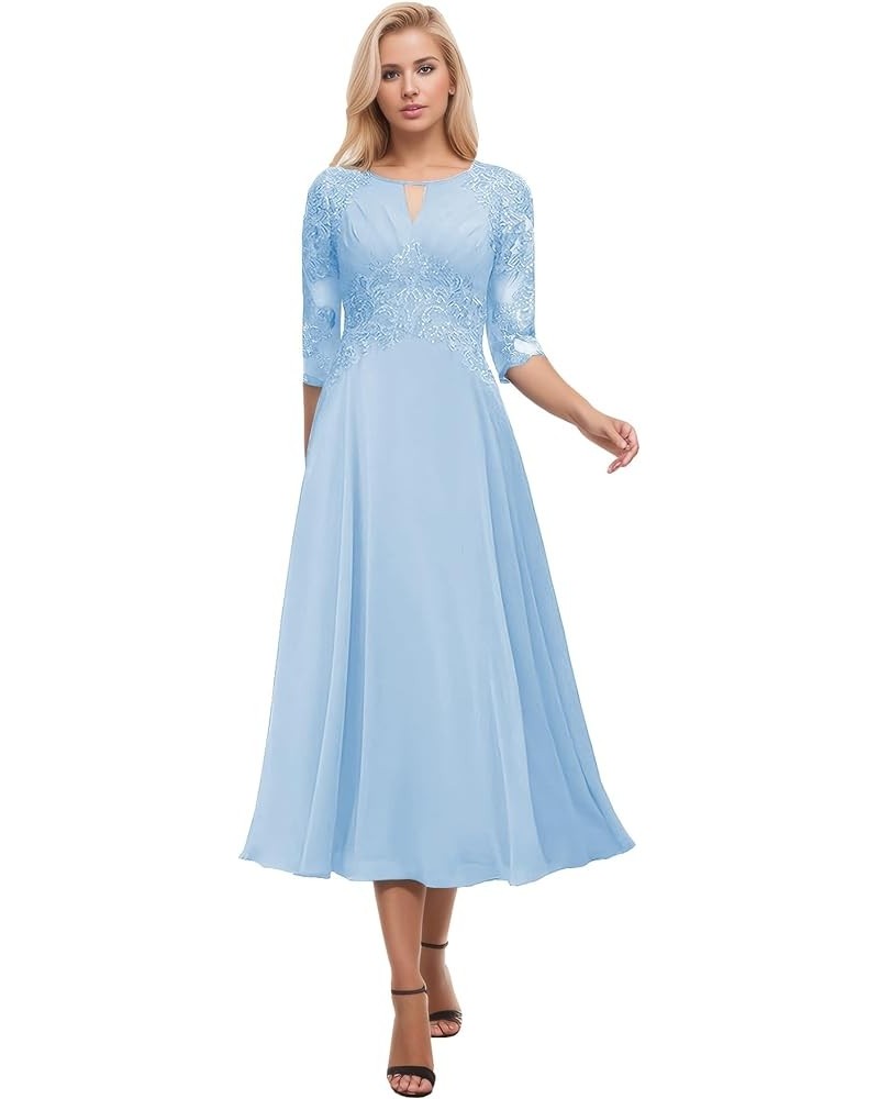 Tea Length Mother of The Bride Dresses for Wedding Chiffon Lace Applique Long Sleeve Formal Evening Gowns Light Blue $37.80 D...