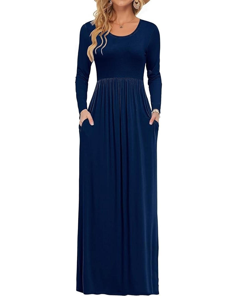 Women's Long Sleeve Loose Plain Maxi Dresses Casual Long Dresses with Pocket 1-ls Navy Blue $23.77 Dresses