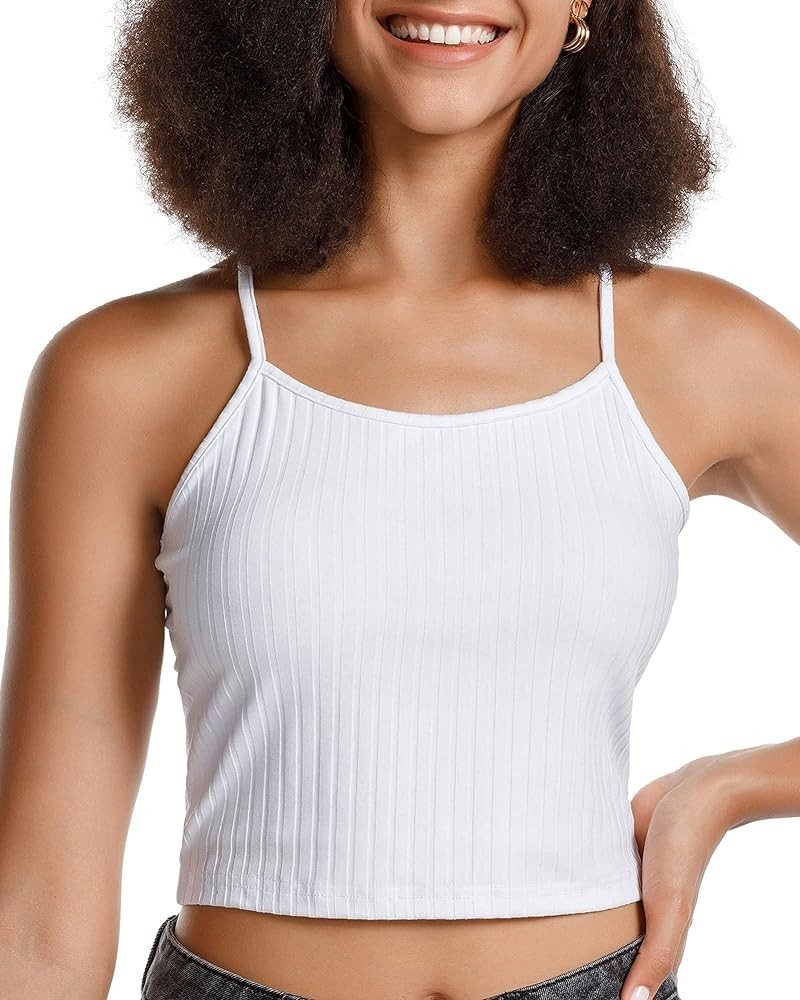 Women's Crop Top Casual Summer Cami Basic Ribbed Knit Sexy Strappy Top White $10.99 Tanks