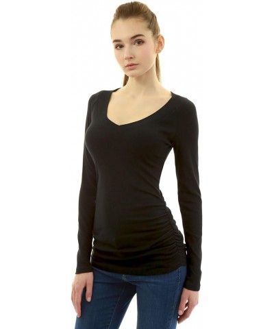 Women V Neck Raglan Long Sleeve Ruched Sides Top Black $16.32 Blouses