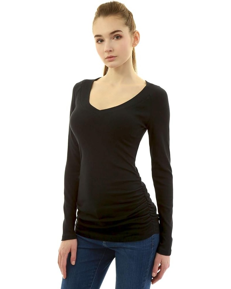 Women V Neck Raglan Long Sleeve Ruched Sides Top Black $16.32 Blouses