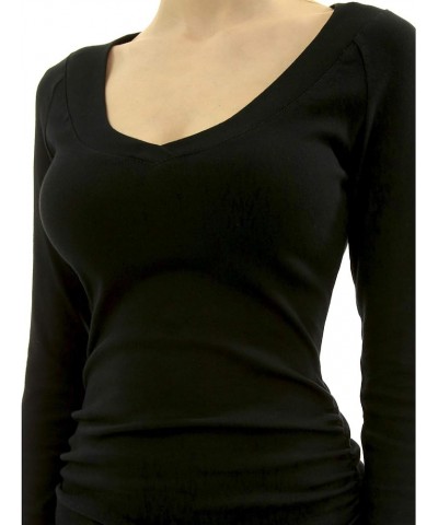 Women V Neck Raglan Long Sleeve Ruched Sides Top Black $16.32 Blouses