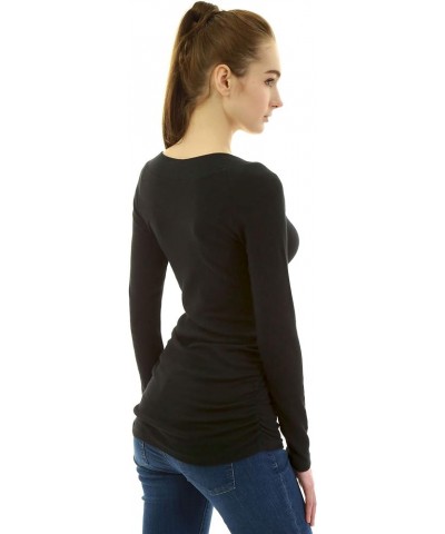 Women V Neck Raglan Long Sleeve Ruched Sides Top Black $16.32 Blouses