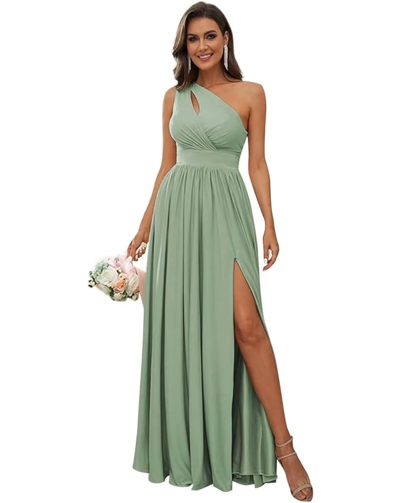 Women's One Shoulder Bridesmaid Dress with Slit Long Pleated Chiffon Prom Gown Sage Green $38.42 Dresses