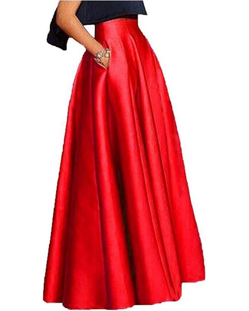 Diydress Long Maxi Satin Skirts High Waist A-Line Pleated Formal Prom Party Skirts with Pockets Red $24.69 Skirts