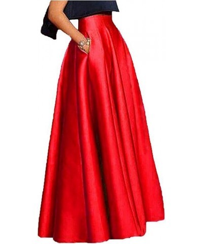 Diydress Long Maxi Satin Skirts High Waist A-Line Pleated Formal Prom Party Skirts with Pockets Red $24.69 Skirts