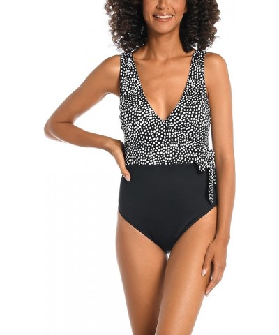 Women's Standard Over The Shoulder Surplice One Piece Swimsuit Black $13.08 Swimsuits