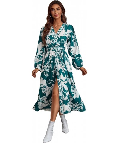 Women's Elegant Long Sleeve High Waisted A Line Flowy Belted Midi Dress Floral Green $20.87 Dresses