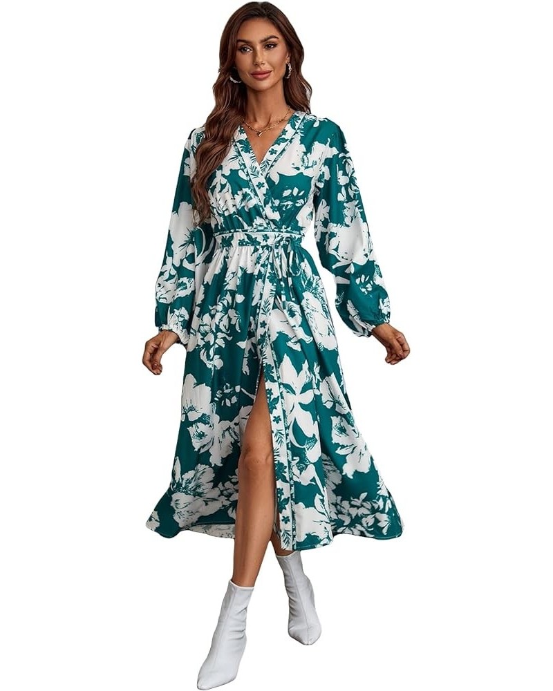 Women's Elegant Long Sleeve High Waisted A Line Flowy Belted Midi Dress Floral Green $20.87 Dresses