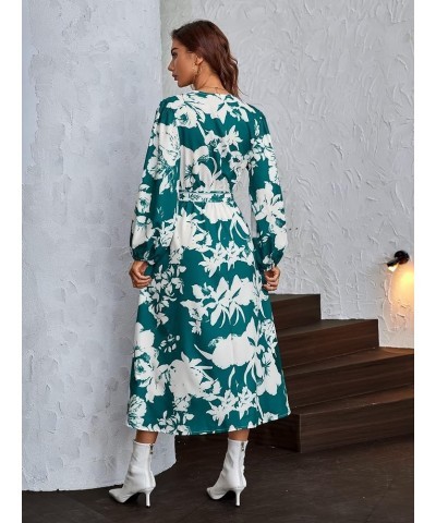 Women's Elegant Long Sleeve High Waisted A Line Flowy Belted Midi Dress Floral Green $20.87 Dresses