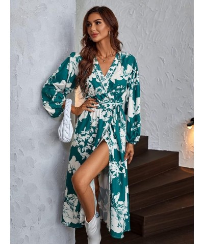 Women's Elegant Long Sleeve High Waisted A Line Flowy Belted Midi Dress Floral Green $20.87 Dresses