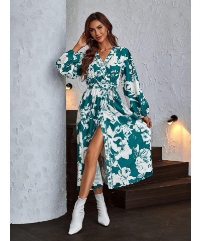 Women's Elegant Long Sleeve High Waisted A Line Flowy Belted Midi Dress Floral Green $20.87 Dresses