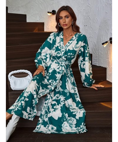 Women's Elegant Long Sleeve High Waisted A Line Flowy Belted Midi Dress Floral Green $20.87 Dresses