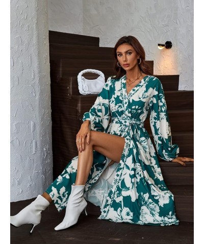 Women's Elegant Long Sleeve High Waisted A Line Flowy Belted Midi Dress Floral Green $20.87 Dresses