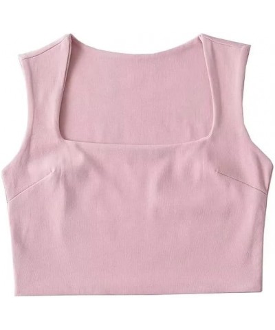 Womens Tops 2023 Double Layer Square Neck Fitted Basic Sleeveless Casual Cropped Tank Tops Pink $11.99 Tanks