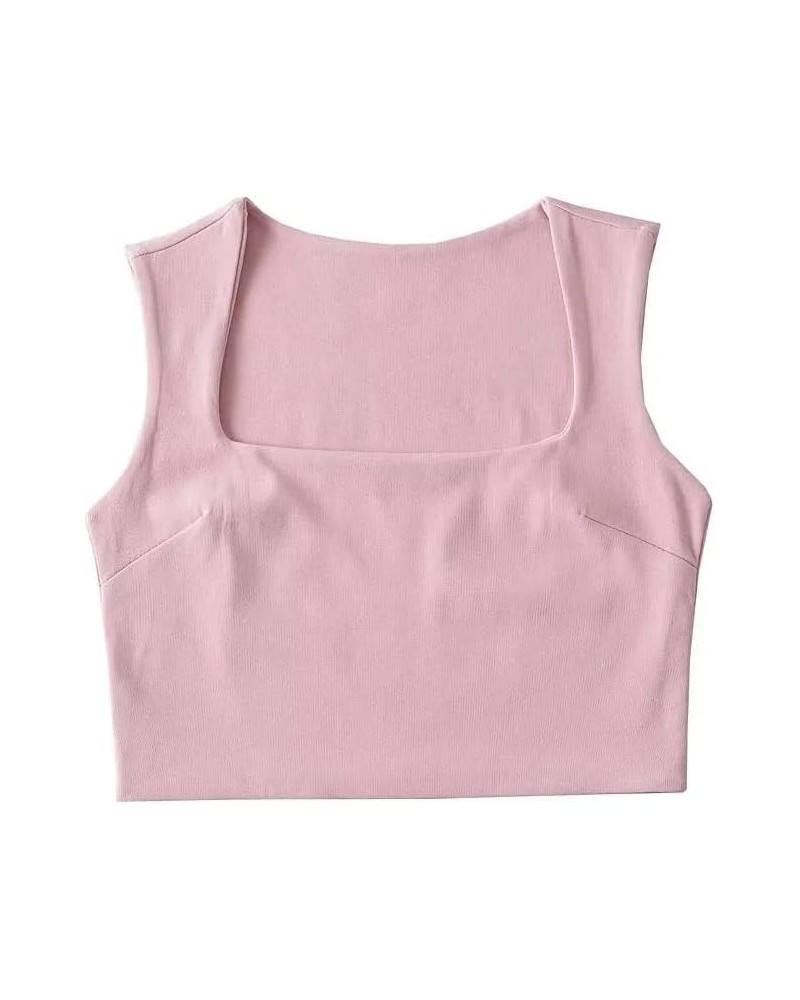 Womens Tops 2023 Double Layer Square Neck Fitted Basic Sleeveless Casual Cropped Tank Tops Pink $11.99 Tanks