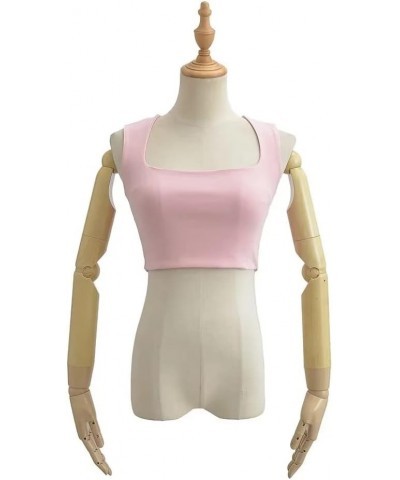 Womens Tops 2023 Double Layer Square Neck Fitted Basic Sleeveless Casual Cropped Tank Tops Pink $11.99 Tanks