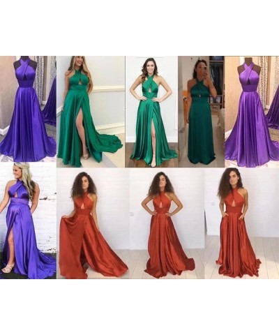 Women's Sleeveless Cross Prom Dresses Long Satin with Slit Formal Evening Party Gowns with Pockets Pink $31.74 Dresses