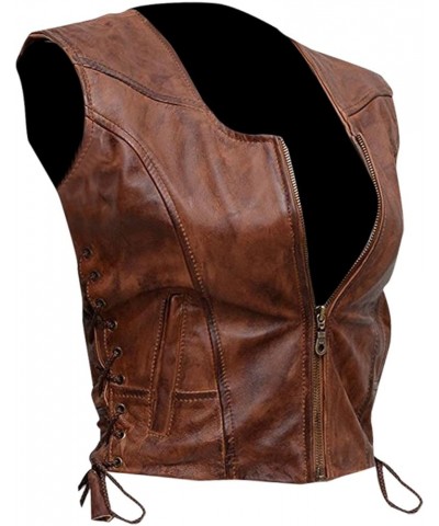 Women's The Walking Michonne Brown Leather Motorcycle Vest - Womens Brown Biker Leather Vest Brown Faux Leather Vest $49.50 V...