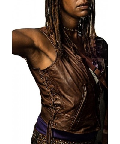 Women's The Walking Michonne Brown Leather Motorcycle Vest - Womens Brown Biker Leather Vest Brown Faux Leather Vest $49.50 V...