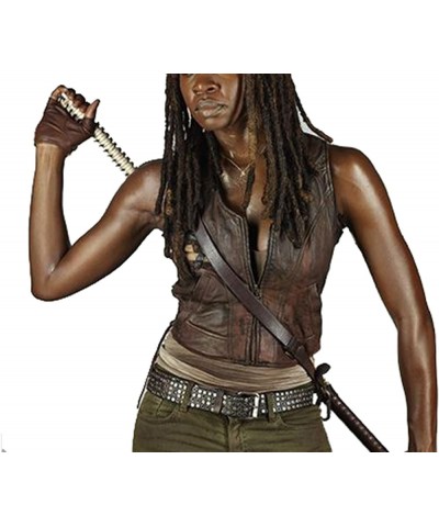 Women's The Walking Michonne Brown Leather Motorcycle Vest - Womens Brown Biker Leather Vest Brown Faux Leather Vest $49.50 V...