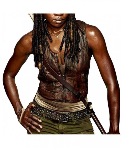 Women's The Walking Michonne Brown Leather Motorcycle Vest - Womens Brown Biker Leather Vest Brown Faux Leather Vest $49.50 V...