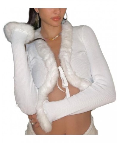 Fluffy Knitted Cardigan for Women Y2K Tie-up Long Sleeve V Neck Fur Trim Open Front Crop Tops Streetwear White $9.35 Sweaters