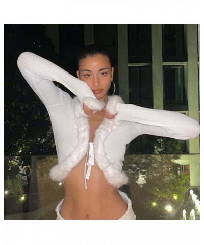 Fluffy Knitted Cardigan for Women Y2K Tie-up Long Sleeve V Neck Fur Trim Open Front Crop Tops Streetwear White $9.35 Sweaters