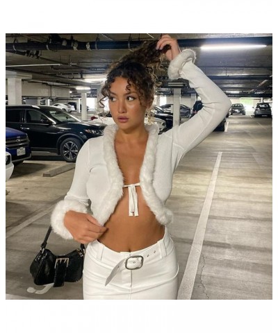 Fluffy Knitted Cardigan for Women Y2K Tie-up Long Sleeve V Neck Fur Trim Open Front Crop Tops Streetwear White $9.35 Sweaters