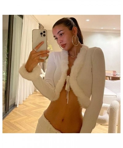 Fluffy Knitted Cardigan for Women Y2K Tie-up Long Sleeve V Neck Fur Trim Open Front Crop Tops Streetwear White $9.35 Sweaters