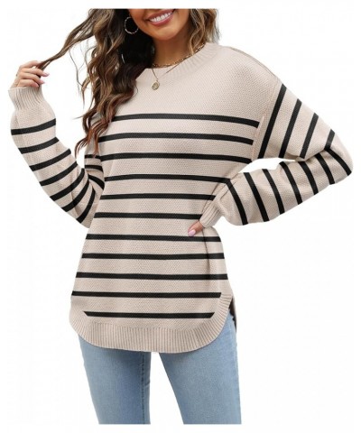 Women's 2023 Sweaters Trendy Fall Waffle Knit Sweater Tops Long Balloon Sleeve Loose Pullover Jumper B-stripeapricot $16.09 S...