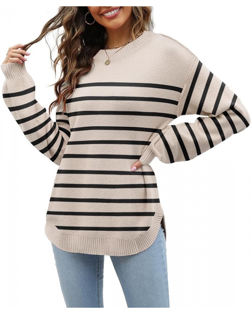 Women's 2023 Sweaters Trendy Fall Waffle Knit Sweater Tops Long Balloon Sleeve Loose Pullover Jumper B-stripeapricot $16.09 S...