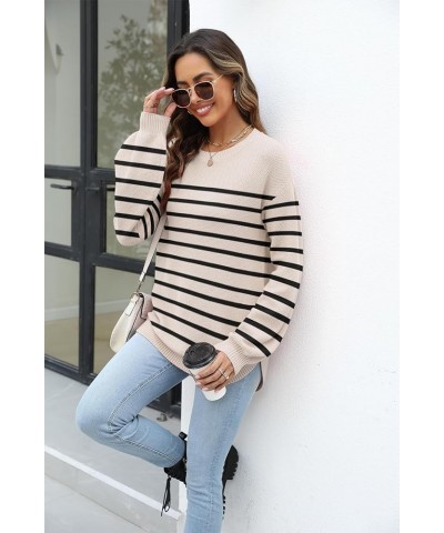 Women's 2023 Sweaters Trendy Fall Waffle Knit Sweater Tops Long Balloon Sleeve Loose Pullover Jumper B-stripeapricot $16.09 S...