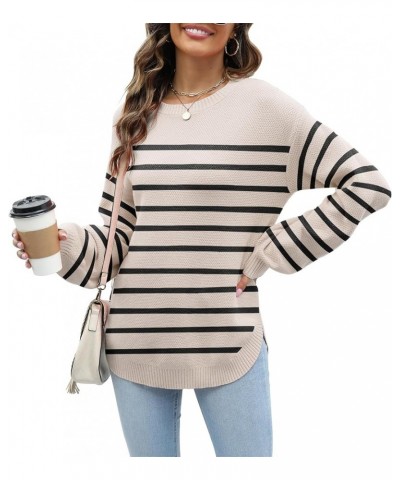 Women's 2023 Sweaters Trendy Fall Waffle Knit Sweater Tops Long Balloon Sleeve Loose Pullover Jumper B-stripeapricot $16.09 S...