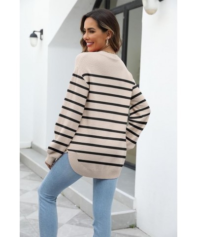 Women's 2023 Sweaters Trendy Fall Waffle Knit Sweater Tops Long Balloon Sleeve Loose Pullover Jumper B-stripeapricot $16.09 S...