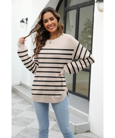 Women's 2023 Sweaters Trendy Fall Waffle Knit Sweater Tops Long Balloon Sleeve Loose Pullover Jumper B-stripeapricot $16.09 S...