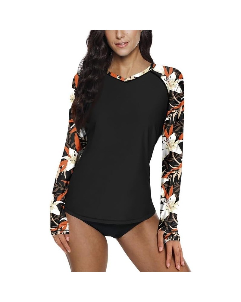 Women's V Neck UV Protection Long Sleeve Thumb Hole Rash Guard Black & Lily Floral $16.19 Swimsuits