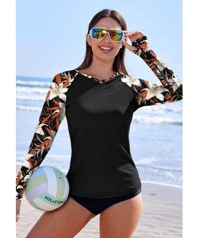 Women's V Neck UV Protection Long Sleeve Thumb Hole Rash Guard Black & Lily Floral $16.19 Swimsuits