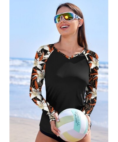 Women's V Neck UV Protection Long Sleeve Thumb Hole Rash Guard Black & Lily Floral $16.19 Swimsuits